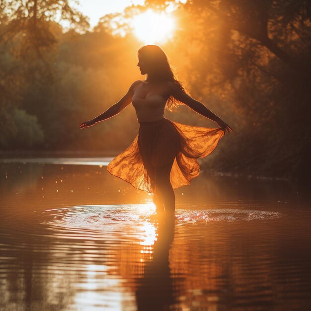 Una mujer delgada de pelo largo y rubio camina en un lago. Fotografía estética.