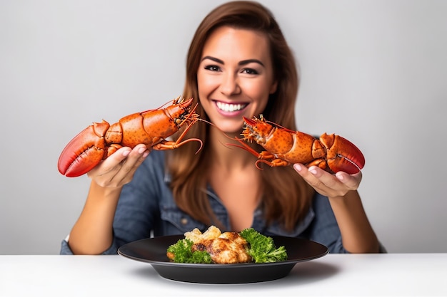 Una mujer deliciosa presenta una langosta perfectamente adornada