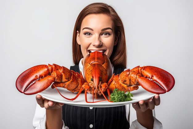 Una mujer deliciosa presenta una langosta perfectamente adornada