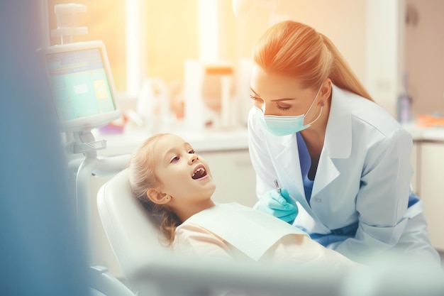 Una mujer dentista examina los dientes de una niña El concepto de odontología pediátrica