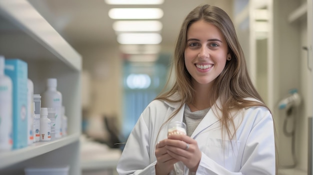 Mujer dentista joven con un modelo de diente