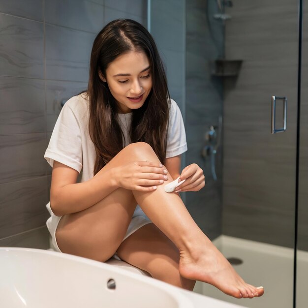 Mujer depila su pierna en el baño.