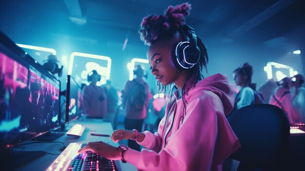 Una mujer de deportes cibernéticos juega videojuegos en una sala de juegos púrpura oscura generada por una red neuronal.