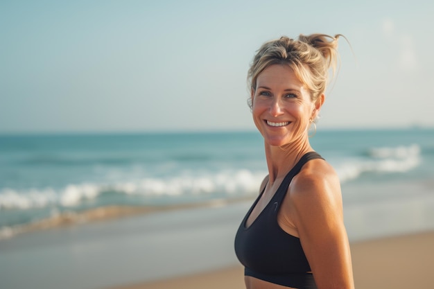 Mujer deportiva de 45 a 50 años en la playa