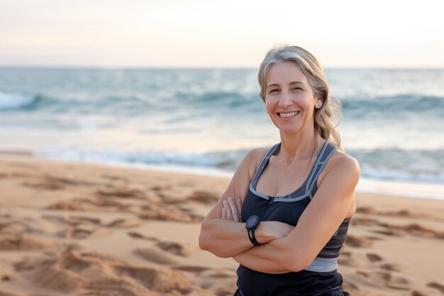 Mujer deportiva de 45 a 50 años en la playa