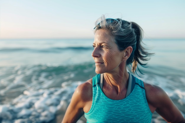 Mujer deportiva de 45 a 50 años en la playa