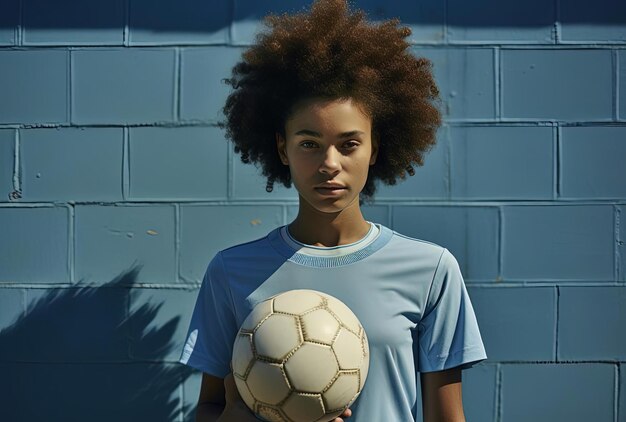 Foto mujer deportiva en el campo de fútbol con fútbol al estilo de la influencia afrocaribeña