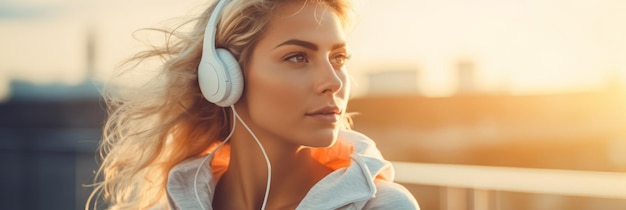 Mujer deportiva caucásica escuchando música con auriculares al aire libre