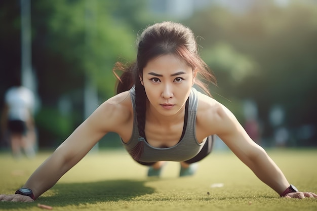 Mujer deportiva ejercicio y gusanos en el parque