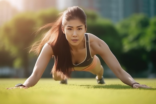 Mujer deportiva ejercicio y gusanos en el parque