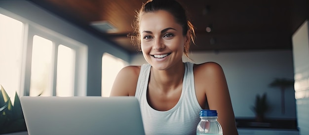 Mujer deportiva feliz con ropa de entrenamiento preparándose para el entrenamiento en línea usando una computadora portátil y sosteniendo una botella de agua con espacio para texto