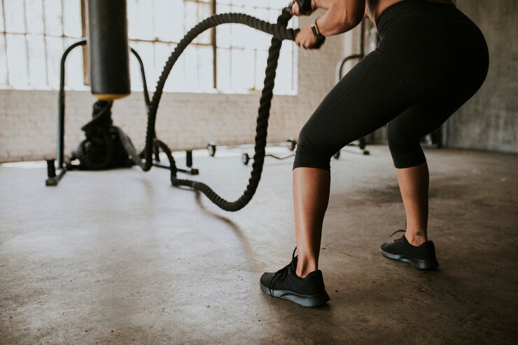 Mujer deportiva haciendo una cuerda de batalla en un gimnasio