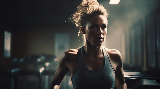 Mujer deportiva haciendo ejercicio en multistación en el gimnasio