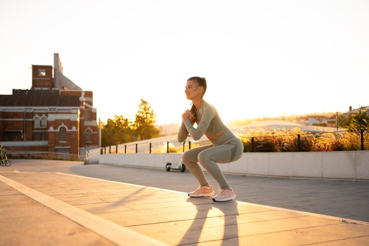 Mujer deportiva haciendo ejercicios de sentadillas saltando en las escaleras en el parque Entrenamiento de peso corporal al atardecer