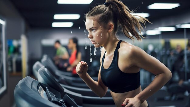 Mujer deportiva joven con cola de caballo trabajando en el gimnasio corriendo en la cinta de correr vista lateral