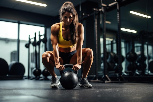 Mujer deportiva con kettlebell en el gimnasio