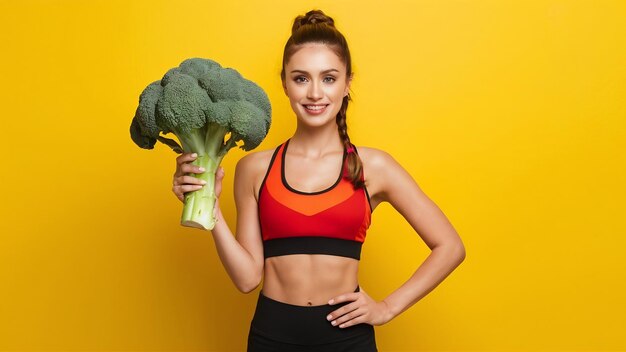 La mujer deportiva recomienda una nutrición adecuada sosteniendo gran brócoli en amarillo