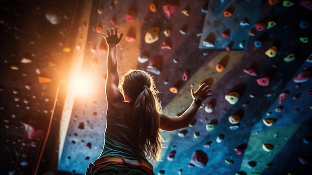 Mujer deportiva en la sala de escalada de rocas