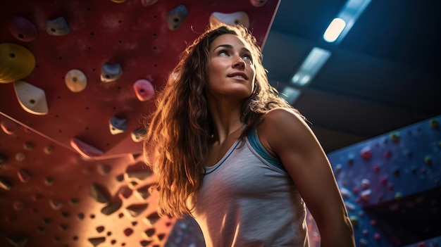 Mujer deportiva en la sala de escalada de rocas