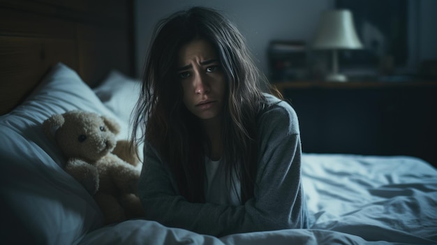 Mujer deprimida acostada en la cama no puede dormir tarde en la mañana con insomnio