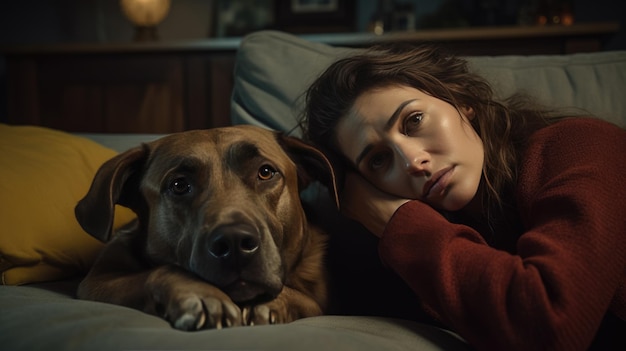 Mujer deprimida acostada en el sofá con su perro