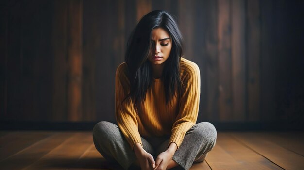 Foto mujer deprimida con pensamientos desconcertados en su mente depresión soledad y concepto de salud mental