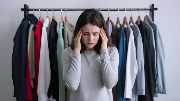 Mujer deprimida de pie cerca de un estante de vestuario lleno de ropa teniendo una elección difícil sin saber w