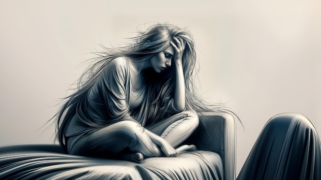 Foto una mujer deprimida está sentada en la cama y sostiene su cabeza en sus manos