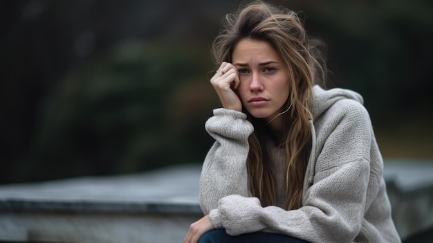 La mujer deprimida se sienta afuera en un clima nublado