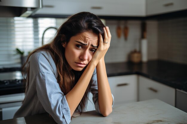 Una mujer desamparada en el fregadero de su cocina, preocupada por un problema de plomería