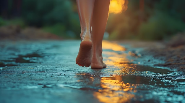 Mujer descalza caminando a través de un charco en una carretera forestal IA generativa