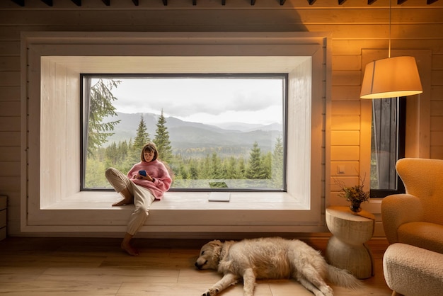 Mujer descansa en casa sobre la naturaleza