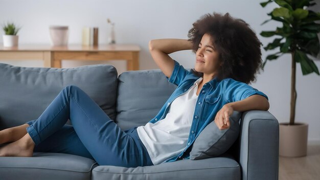 Foto mujer descansando en el sofá en casa después de terminar el trabajo