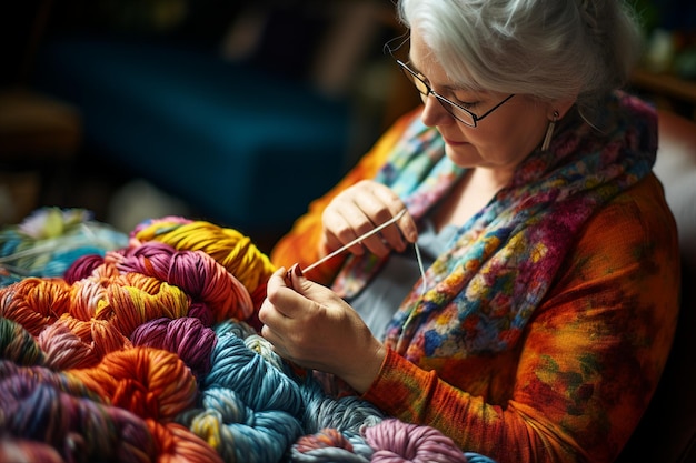 Una mujer desenreda grandes haces de hilo de colores mientras está reclinada en el respaldo de un sofá