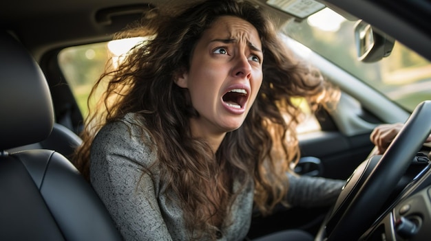 Una mujer desesperada conduce un coche y tiene problemas.