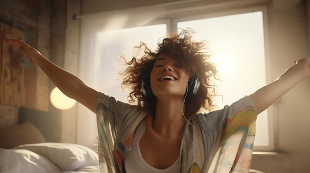 Foto una mujer se despierta en la cama bailando y cantando a la música con entusiasmo ai generado