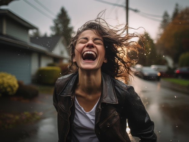 Foto mujer despreocupada baila alegremente bajo la refrescante lluvia