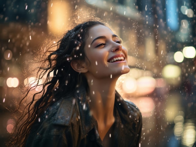 Foto mujer despreocupada baila alegremente bajo la refrescante lluvia