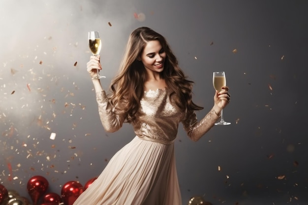 Mujer despreocupada bailando felizmente en vestido de noche sosteniendo una copa de champaña