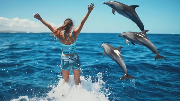 Foto mujer despreocupada saltando al océano con delfines