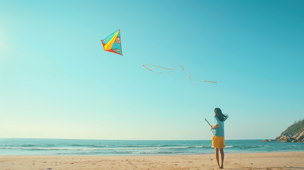 Foto mujer despreocupada volando una cometa en la playa