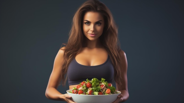 mujer después del entrenamiento con un plato de ensalada saludable concepto de vida saludableAI IA generativa