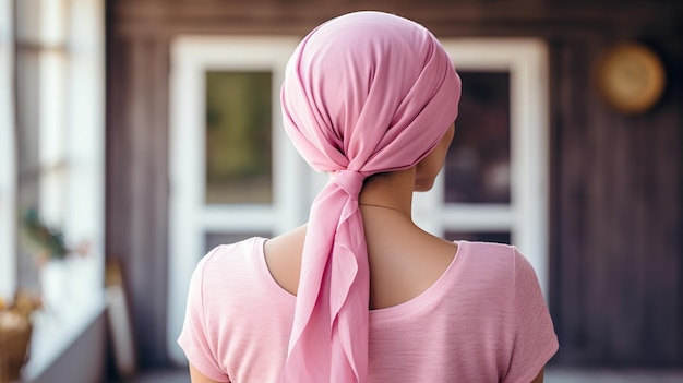 Mujer por detrás atando un pañuelo rosa en la cabeza paciente con cáncer