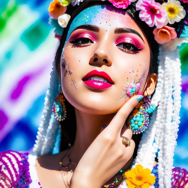 una mujer con una diadema colorida posa para una foto de maquillaje creativo