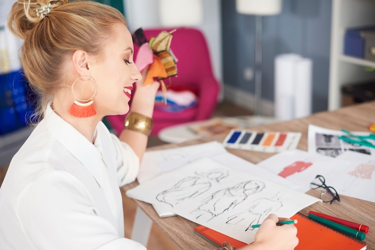 Foto mujer dibujando algunos diseños de nueva colección