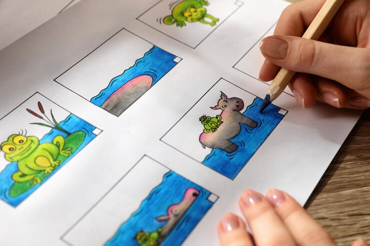Foto mujer dibujando boceto de dibujos animados en el guión gráfico en el primer plano del lugar de trabajo proceso de preproducción
