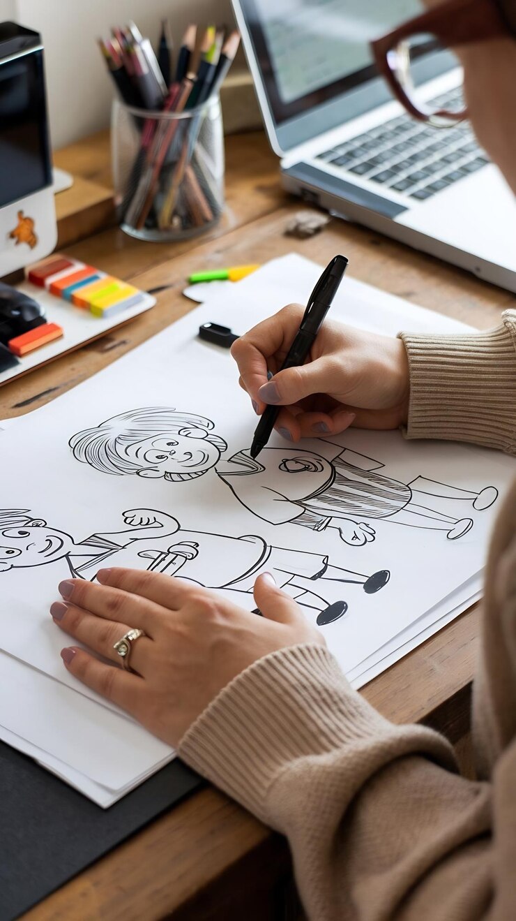 Foto mujer dibujando bocetos de dibujos animados en el lugar de trabajo en el proceso de preproducción de primer plano