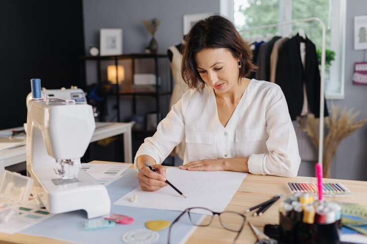 Mujer dibujando bocetos en un taller