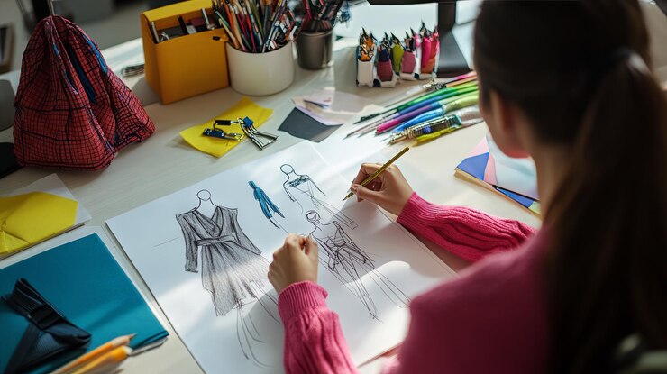 Foto mujer dibujando diseños de moda en su escritorio proceso creativo dibujos coloridos y materiales de costura visibles