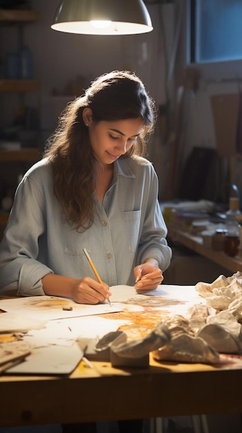 Foto una mujer está dibujando frente a una pintura que tiene una imagen de ella en él